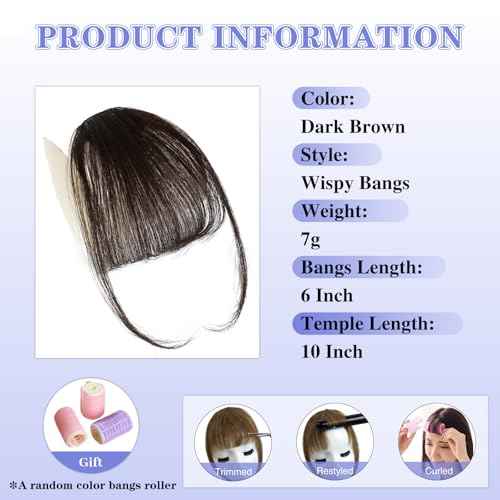 NAYOO Bnags Hair Clip- Dark Brown Fake Bangs 100% Real Human Hair Extensions Wispy Bangs for Women Fringe with Temples Hairpieces Curved Bangs for Daily Wear£¨Dark Brown Wispy Bangs£©