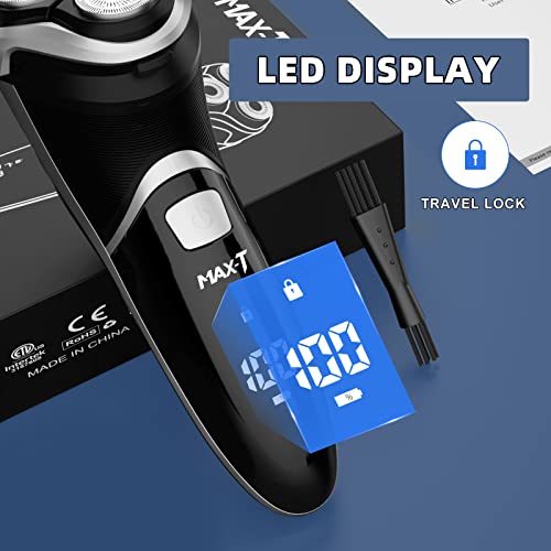 MAX-T Men's Electric Shaver - Corded and Cordless Rechargeable 3D Rotary Shaver Razor for Men with Pop-up Sideburn Trimmer Wet and Dry Painless 100-240V Black (Metal Black)