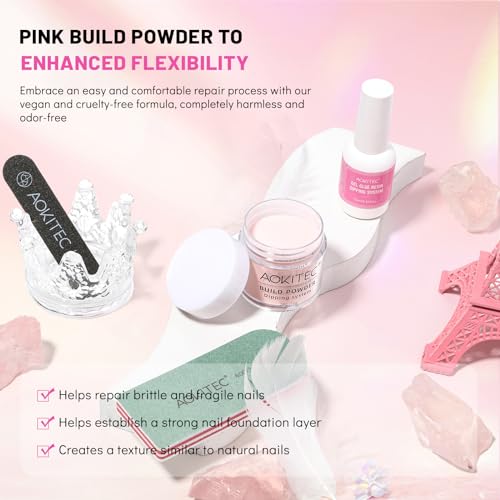 Aokitec Nail Repair Kit - 28g Jelly Pink Build Powder for Broken Cracked Split Weak Nails with 15ml Nail Repair Glue Ideal Solution Emergency Easy Quick Fix Air Dry DIY Natural Crystal Pink Nails