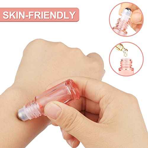 Wresty 1/6 Oz Pink Glass Roller Bottles, 6 Pack 5ml Roll On Bottles With Rose Gold Lids For Essential Oils, Perfume, Cosmetic Liquid