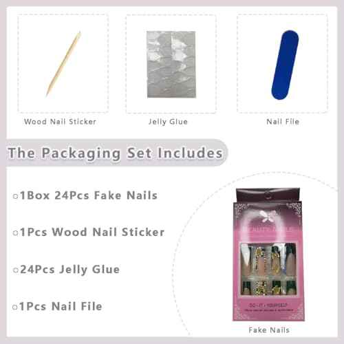 Square Press on Nails Long Fake Nails Green French Tip False Nails with 3D Butterfly Rhinestones Design Nude Pink Artificial Acrylic Nails Full Cover Glossy Spring Stick on Nails for Women Girls 24Pcs