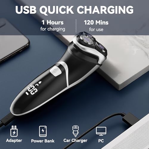 MAX-T Men's Electric Shaver - Corded and Cordless Rechargeable 3D Rotary Shaver Razor for Men with Pop-up Sideburn Trimmer Wet and Dry Painless 100-240V Black (Metal Black)