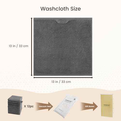 SEMAXE 100% Cotton Washcloths 12-Pack, 13 ¡¿ 13 Inch Soft Luxury Face Towels ? Super Absorbent & Quick-Dry, Premium Cloth with Hanging Loop, Oeko-TEX Certified, Gift-Ready Box