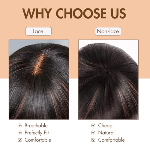 Bob Wig with Bangs Human Hair Glueless HD Lace Straight Short Bob Wig with Brown Highlights, Ready to Go Short Wigs For Women £¨12 Inch bob wig£©
