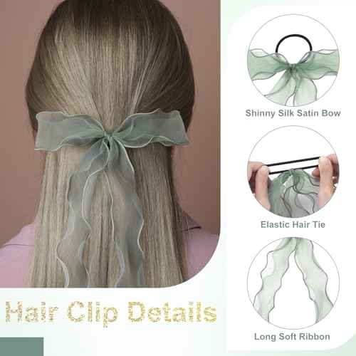 2Pcs Large Bow Hair Ties, Light Green Organza Ribbon Bow Hair Scrunchies for Women, Elegant Long Tail Bowknot Ponytail Holder French Hair Accessories for Wedding, Parties, Festivals