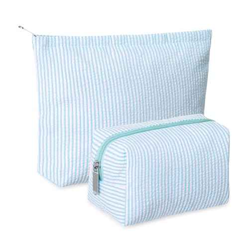2 Pieces Makeup Bag Set Cute Cosmetic Pouch for Women Seersucker Travel Toiletry Bag Preppy Small Makeup Purse Pouch Aesthetic Skincare Brushes Storage Organizer for Women(Light Blue)
