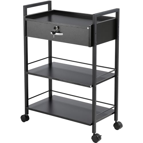 VEVOR Beauty Salon Trolley Cart, 3-Tier Hair Salon Stations Cabinet for Stylist with Lockable Drawer, MDF Rolling Storage Station with 4 Wheels (2 Lockable) for Beauty SPA Barbershop Tattoo