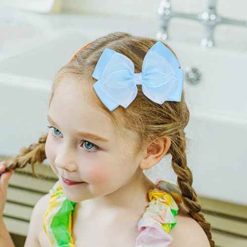 Glitter 4.5-Inch Hair Bows Organza Alligator Clips, Sequin Delicate Double Silver Thread Woven Mesh Hair Accessories for Girls, Toddler, Kids and Women Birthday Wedding - Set of 2 (Light Blue)