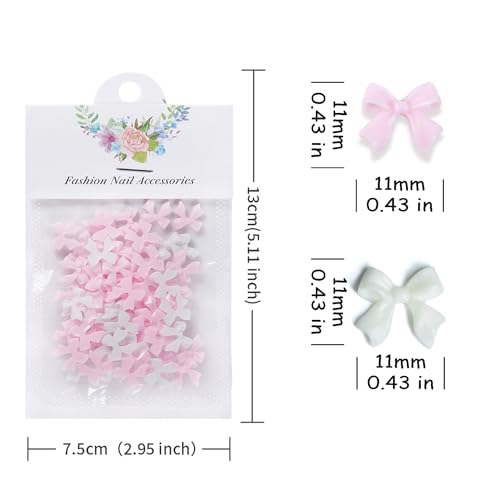 50Pcs 3D Nail Bows Nail Charms,Pink White Bow Nail Charms for Nails Design Cute Bowknots Nail Charm Resin Bowknot Ribbon Nail Design Nails Charms for Women Nail Supplies Nail Decorations Nail Art