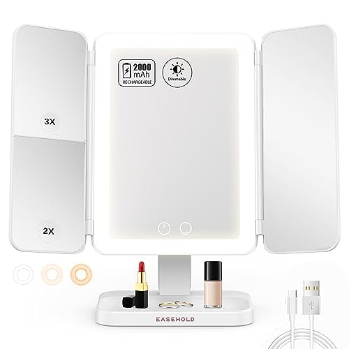 EASEHOLD Lighted Makeup Mirror with 3X Magnification, 3 Color Lights & Touch Sensor - Rechargeable Trifold Vanity Mirror for Travel, Desk, Home Use