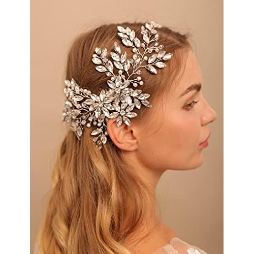 Rhinestone Crystal Flower Hair Comb with Headpiece for Bride, Wedding and Women Girls Silver