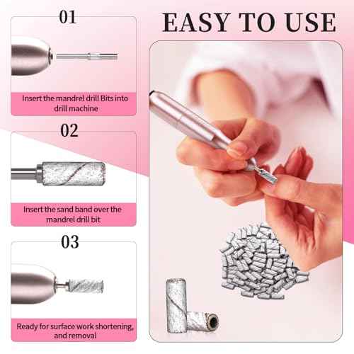 180 Grit Mini Sanding Bands for Nail Drill, 200 Pcs Small Sanding Bands for Nail with 2 Pcs Mandrel Bits, 3.1 MM Nail Sanding Bands for Acrylic Nails Gel Removing Shaping, Manicures and Pedicure