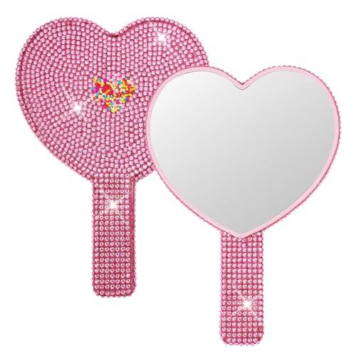 Bling Rhinestone Heart Hand Mirror Pink, Large 7.1x5.1 inch HD Handheld Mirror, Sparkling Cosmetic Vanity Mirror, Lash Mirror Tool for Women Teen Girls Gift
