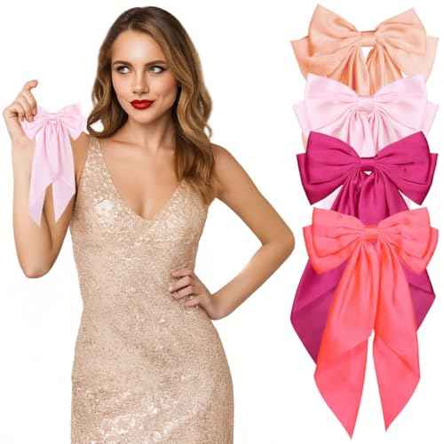 4PCS Satin Hair Bows for Women & Girls ? Oversized Long Tail Bow Clips with French Barrette Elegant satin ribbon bow clips hairstyles, large hair accessories pony tail, school, wedding, cheerleading