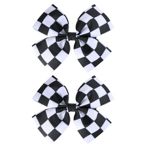 2Pc Racing Checkered Flag Hair Bow Clips 4 inch Girls Women Black White Buffalo Plaid Ribbon Pigtail Bow Barrettes Race Fan Hair Accessories Car-Themed Birthday Party Gift
