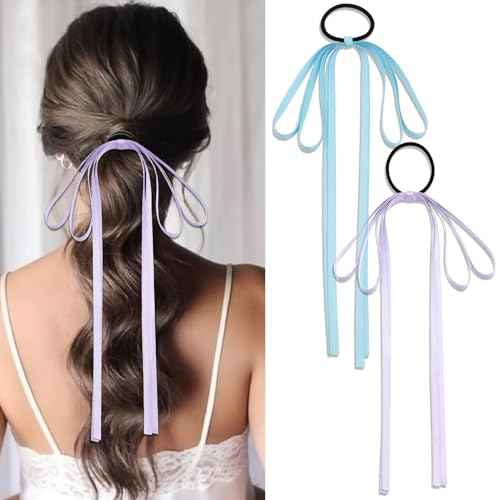 2PCS Silky Satin Bow Tassel Ribbon Bowknot Hair Ties and Ponytail Holders for Women, Girls, Teens (Purple+Blue)