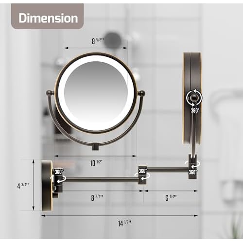OVENTE Wall Mounted Lighted Makeup Vanity Mirror, 9" Hard Wired Double Sided 1X/7X Magnifying Bathroom Mirror, Dimmable LED Lights, 360¡Æ Rotation and 14" Extendable Arm, Rubbed Bronze MPWD3185BZ1X7X