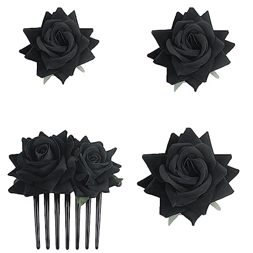 4 Pieces Women Rose Hairpin, Bridal Rose Brooch Hair Clip Wedding Floral Clips for Woman Girl Party Wedding (Black)