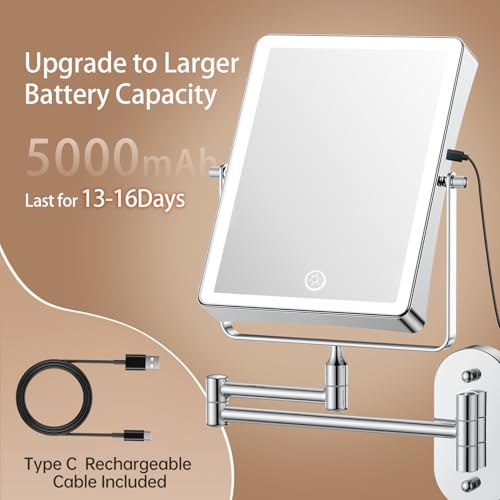FASCINATE 5000mAh Rechargeable Wall Mounted Makeup Mirror, 8.7" Double Sided Touch Switch 1X/30X Rectangle Wall Mounted Magnifying Mirror with Light, 3 Color Setting, Extended Arm 360¡Æ Swivel Foldable