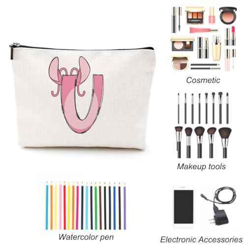 LONGXIN Cute Cartoon Gifts Initial Personalized Makeup Bag Monogrammed Cosmetic Bags Birthday Christmas Gifts for Women Girls (U)