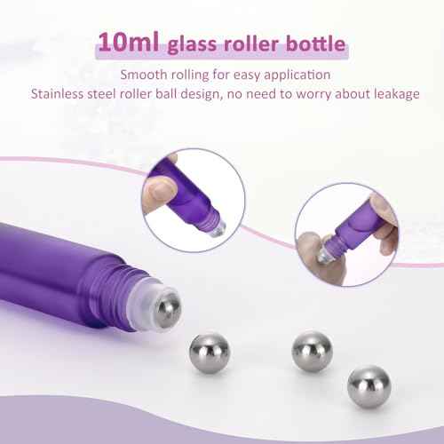 Kesell 10-Pack 10ml Glass Roller Bottles for Essential Oils - Travel- (3.34x0.78inch), Stainless Steel Roll-On Balls, Leak-Proof Caps - Refillable Perfume, Aromatherapy Bottles