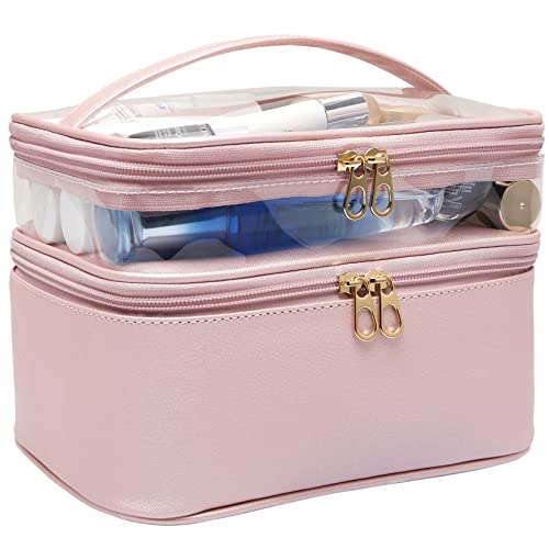 Makeup Bag,Leather Double Layer Large Makeups Organizer Bag,Travel Accessories Dorm Room Essentials Toiletry Bag for Women,Travel Essentials Cosmetic Bag Makeup Case,Mothers Day Gifts Graduation Gifts
