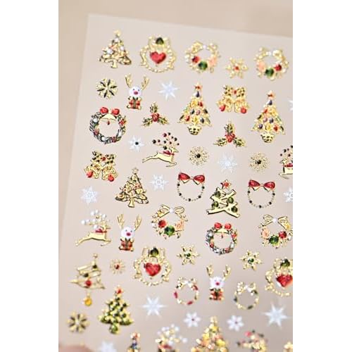 Christmas Nail Art Stickers 5D Embossed Shiny Gold Xmas Tree Nail Stickers Elk Wreath Snowflake Nail Decals for Women Girls Winter Holiday Manicure DIY Nail Supplies
