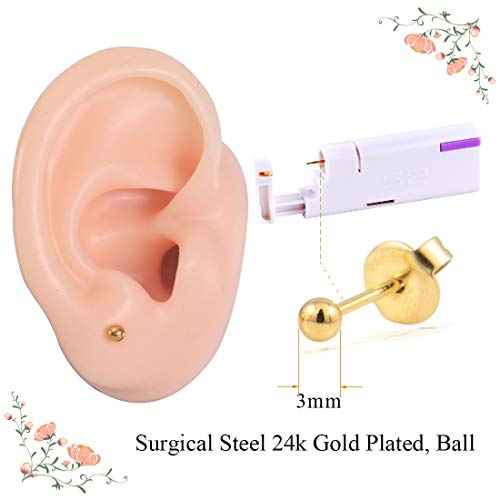 2PCS Disposable Ear Piercing Kit Ear Piercing Gun Self Use Ear Piercings Kit Cartilage Piercing Gun with Hypoallergenic Earrings(3mm Ball,24kt Gold)