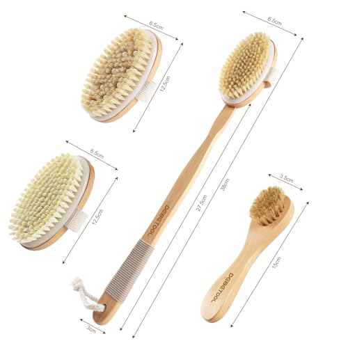 Dry Brushing Set - Natural Boar Bristle Body & Face Brush, Wooden Long Handle Scrub Brush for Cellulite & Lymphatic Drainage, Detachable, 3 Brush Heads