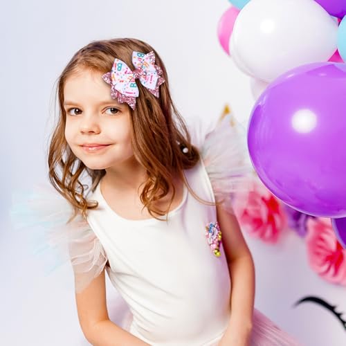 3.5" Birthday Bow Hair Clips for Girls 1 2 3 4 5 6 Years Glitter Pink Ribbon Bowknot Barrettes Alligator Pins for Teens ToddlerKids Happy Birthday Party Dress Decor Accessories Gift