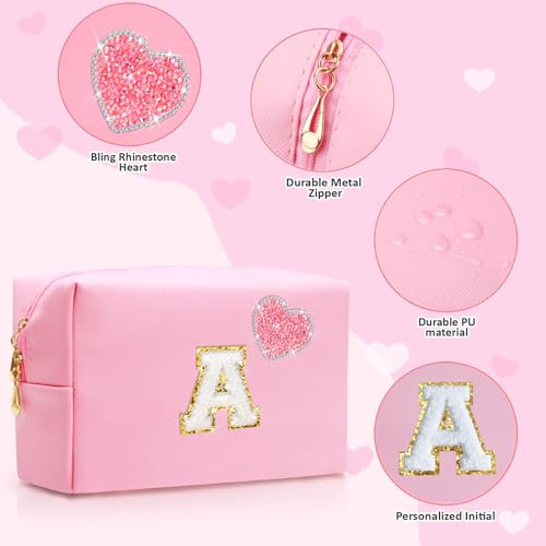 Personalized Initial Makeup Bag with Bling Heart Preppy Cosmetic Bag Cute Toiletry Travel Bag For Teen Girls Women Letter Makeup Pouch Purse for Holiday Birthday Christmas Gifts (A, Pink)