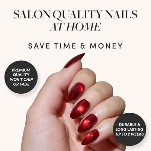 Glamnetic Press On Nails - Frosted Cranberry | Short Almond Fake Nails in Deep Red with Jelly Finish, Salon Quality Holiday Nails | 15 Sizes - 30 Nail Kit with Glue