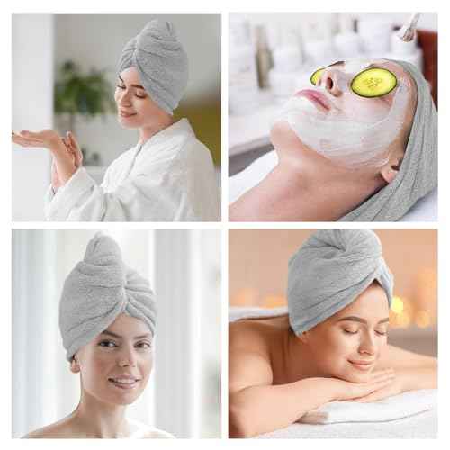 2 Pack Microfiber Hair Towel Wrap for Women Super Absorbent Quick Dry Hair Turban for Drying Curly, Long & Thick Hair 10 inch X 26 inch Lightgrey+Lightgrey
