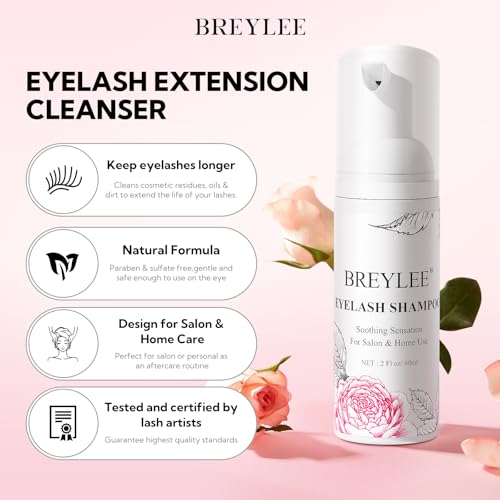 BREYLEE Shampoo for Lash Extensions, 60ml+Rinse Bottle+Brushes, Eyelash Extension Cleanser, Lash Wash Bath, Lash Cleaner for Makeup Cleansing Foams, Paraben & Sulfate Free for Salon and Home Use