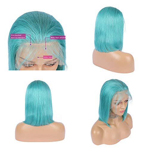 Guanyuhair Pre-plucked Short Bob Human Hair Lace Front Wigs Glueless Silky Straight 150% Full Density #Light Blue Free Part Bob Wigs For Black Women(12inch, Light Blue)