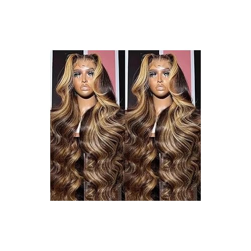 AMIRTY Highlight Ombre Lace Front Wig Human Hair Honey Blonde Body Wave 13x6x1 HD Lace Front Wigs Human Hair Pre Plucked 250 Density Brown 4/27 Colored Lace Frontal Glueless Wigs for Women 20 Inch
