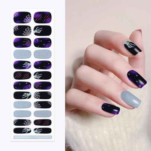 DANNEASY 24 Pieces Halloween Semi Cured Gel Nail Strips Glow in The Dark Gel Nail Stickers Full Nail Wraps Spider Web Bat Skeleton Manicure Design with Nail File, Cuticle Stick, Prep Pads