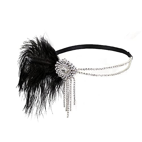 Flapper Headbands for Women 1920s Feather Headpiece Great Gatsby Roaring 20s Hair Accessories Crystal Elastic Rhinestone (Black)
