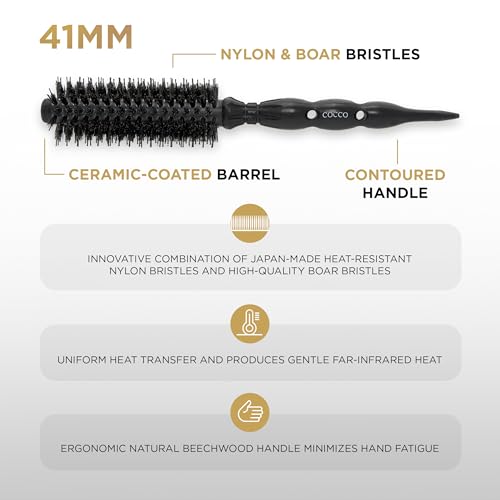 COCCO Black Series Ceramic Boar Brush S3, Hair Styling Brush with Dual Bristle Technology, Ceramic-Coated Barrel, Ergonomic Design, 41 mm
