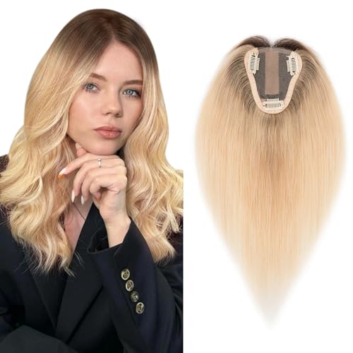 Hairro Human Hair Toppers Real Hair, Clips in 100% Human Hair Hairpieces for Women, 3.15"x3.94" Silk Base for Thinning Hair/Hair Loss/Covering Greyish Hair on Top, 12 Inch Bleach Blond with Black Root