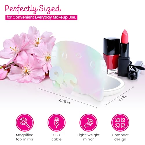 Impressions Vanity Hello Kitty Kawaii Lighted Compact Mirror for Purses, Double Sided Travel Makeup Mirror with 2X Magnification, Adjustable LED Lighting and Soft Touch Switch (Iridescent)