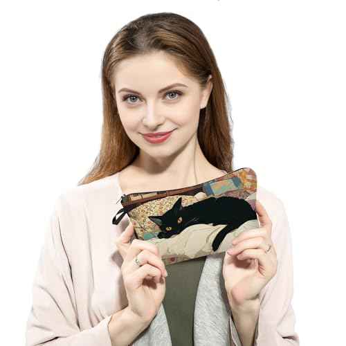 Cat Present Black Cosy Cat Makeup Bag Cute Small Organizer Bag with Zipper Floral Black Cat Kitten On Bed Cosmetic Bag Birthday Present for Cat Lovers Women Friends