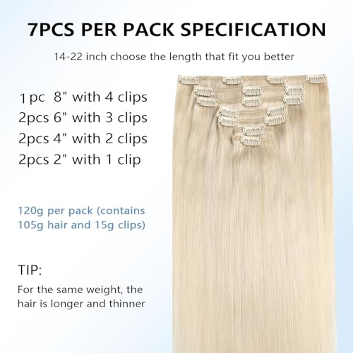 COOKAYU Real Human Hair Clip in Hair Extensions, Remy Hair Clip in Hair Extensions, Platinum Blonde Hair Thick Silky Straight Real Human Hair, 16inch 120g 7Pcs