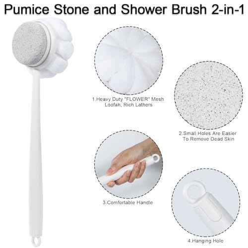 Pumice Stone for Feet and Shower Loofah with Long Handle, Hard Skin Callus Remover, 2 in 1 Foot Scrubber Brush, Back Scrubber Body Brush for Shower Deep Cleansing and Exfoliating