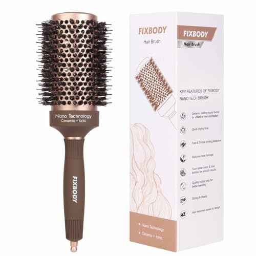 FIXBODY Hair Brush, Round Brush for Blow Drying, Curling, Styling, Nano Thermal Ceramic & Ionic Tech, Boar Bristle, 3.3 inch, 2 inch Barrel, for Women, Volume & Shine, Brown, Hair Brush for Thick Hair