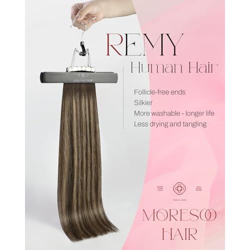 Moresoo Tape in Hair Extensions Human Hair Brown Real Hair Tape Hair Extensions Ombre Dark Brown and Caramel Blonde Human Hair Glue in Fashion Seamless 24 Inch 20Pcs/50g #4/27/4