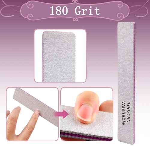 Nail File 12 PCS Professional Reusable 100/180 Grit Double Sides Washable Nail File Manicure Tools for Poly Nail Extension Gel and Acrylic Nails Tools Suit for Home Salon