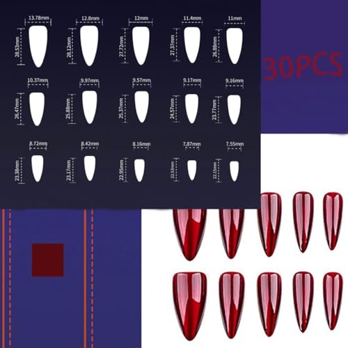 30Pcs Red Press on Nails Halloween Cute Glitter Fake Nails Medium Almond Nails Press on Solid Color False Nails Glossy Acrylic Stick on Nails Reusable Glue on Nails for Women Girls