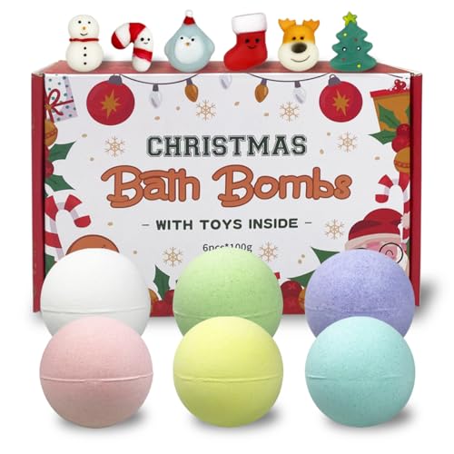 6 Pack Christmas Bubble Bath Bombs with Christmas Squishy Toys Inside for Kids Girls Boys Women Christmas Stocking Stuffers Gifts
