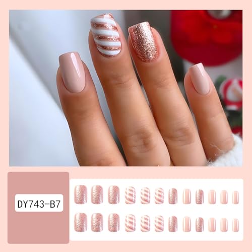 24Pcs Pink Press on Nails Short Square - QUNQINLI Christmas Glitter Fake Nails with Xmas Glitter Stripe Designs Glue on Nails Christmas Nails Full Cover Glossy Artificial False Nails for Women